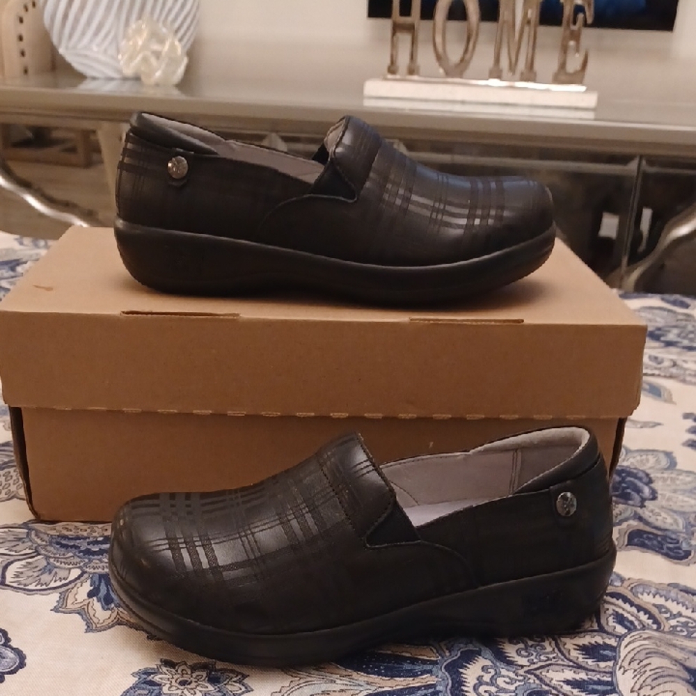 New Alegria KEL Black Plaid Mules Leather SZ EU 37